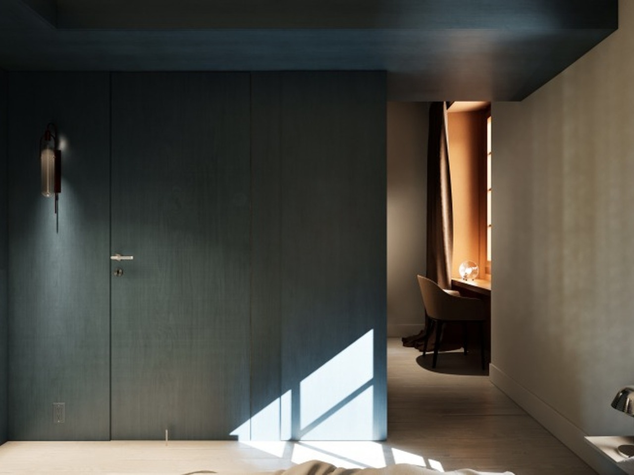 	Badezimmer mit blauen Fliesen und begehbarer Dusche im Schiffli Boutique Apartment Rapperswil